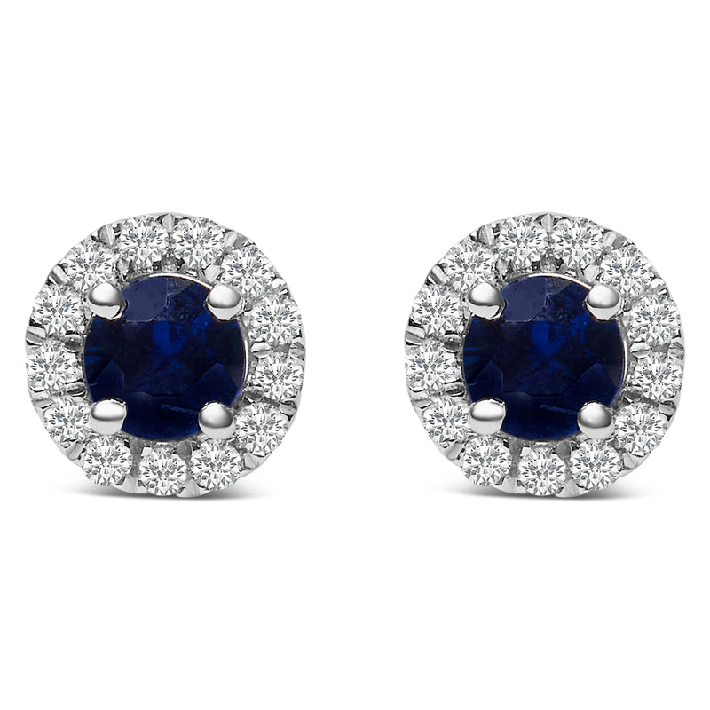 Bids.com 10K White Gold 3.25mm x 3.25mm Round Blue Sapphire and 1/10 Cttw Diamond Halo Stud Earrings (I-J Color, I1-I2 Clarity) Earrings