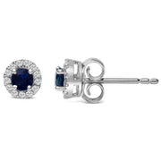 Bids.com 10K White Gold 3.25mm x 3.25mm Round Blue Sapphire and 1/10 Cttw Diamond Halo Stud Earrings (I-J Color, I1-I2 Clarity) Earrings