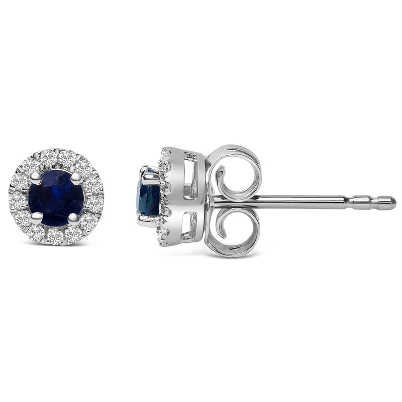 Bids.com 10K White Gold 3.25mm x 3.25mm Round Blue Sapphire and 1/10 Cttw Diamond Halo Stud Earrings (I-J Color, I1-I2 Clarity) Earrings