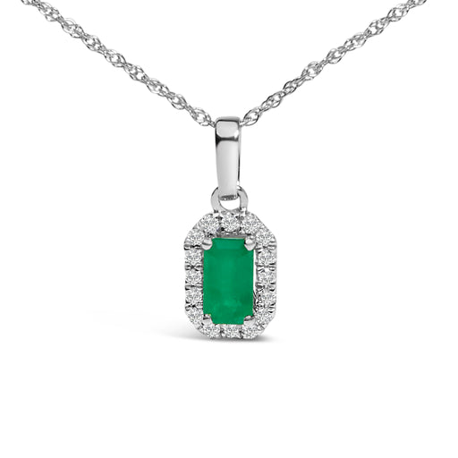 Bids.com 10K White Gold 5x3mm Green Emerald and Diamond Accent Halo Octagonal Shape 18" Pendant Necklace (I-J Color, I1-I2 Clarity) Necklaces