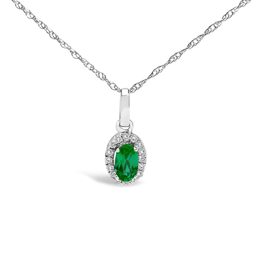 Bids.com 10K White Gold 5x3mm Green Emerald and Diamond Accent Halo Oval Shape 18" Pendant Necklace (I-J Color, I1-I2 Clarity) Necklaces