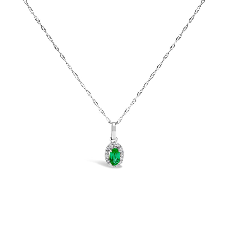 Bids.com 10K White Gold 5x3mm Green Emerald and Diamond Accent Halo Oval Shape 18" Pendant Necklace (I-J Color, I1-I2 Clarity) Necklaces