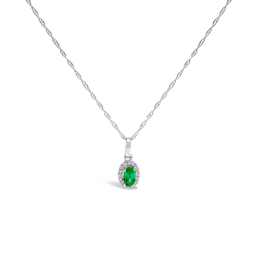 Bids.com 10K White Gold 5x3mm Green Emerald and Diamond Accent Halo Oval Shape 18" Pendant Necklace (I-J Color, I1-I2 Clarity) Necklaces