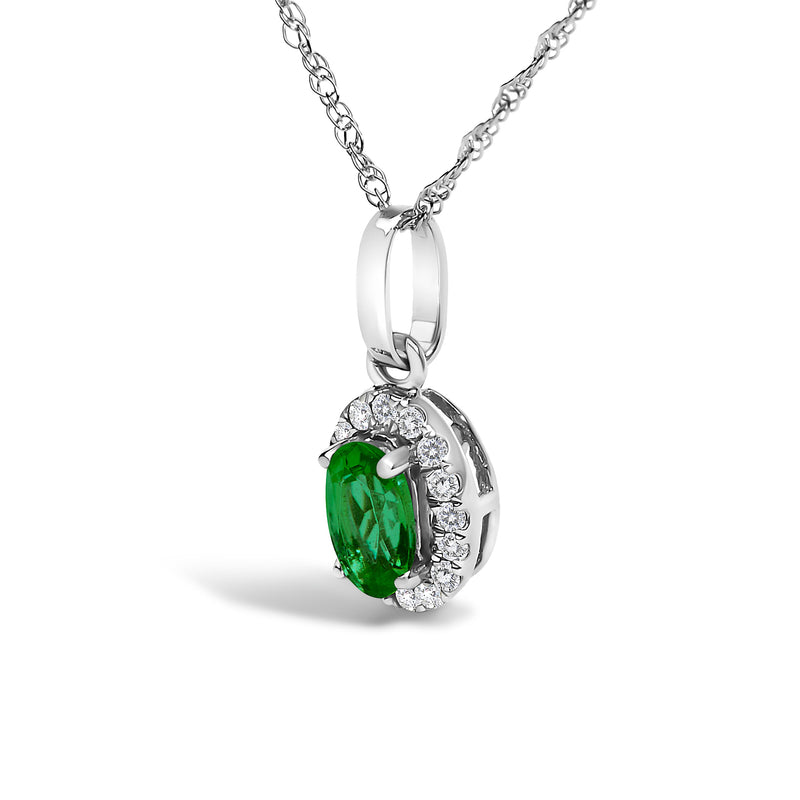 Bids.com 10K White Gold 5x3mm Green Emerald and Diamond Accent Halo Oval Shape 18" Pendant Necklace (I-J Color, I1-I2 Clarity) Necklaces