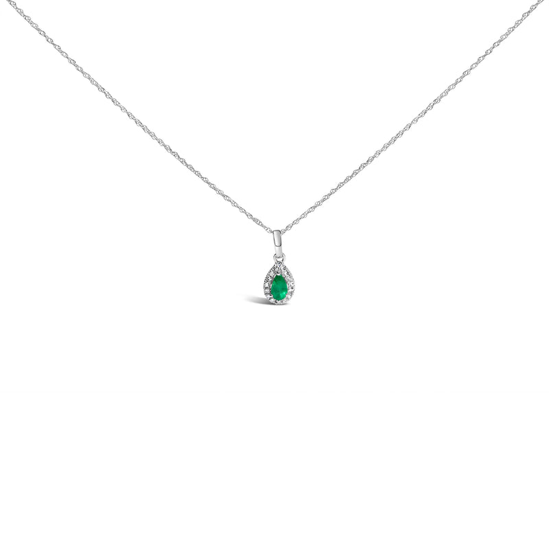 Bids.com 10K White Gold 5x3mm Green Emerald and Diamond Accent Halo Pear Shape 18" Pendant Necklace (I-J Color, I1-I2 Clarity) Necklaces