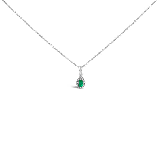 Bids.com 10K White Gold 5x3mm Green Emerald and Diamond Accent Halo Pear Shape 18" Pendant Necklace (I-J Color, I1-I2 Clarity) Necklaces
