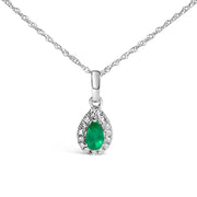 Bids.com 10K White Gold 5x3mm Green Emerald and Diamond Accent Halo Pear Shape 18" Pendant Necklace (I-J Color, I1-I2 Clarity) Necklaces