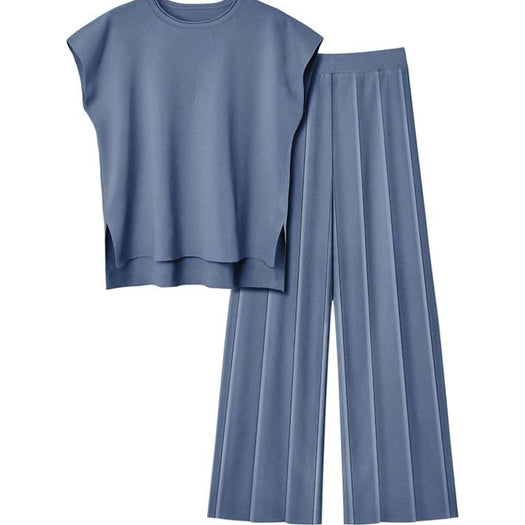 Round Neck Cap Sleeve Top and Pants Knit Set