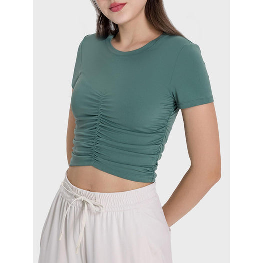 Ruched Round Neck Short Sleeve Active T-Shirt