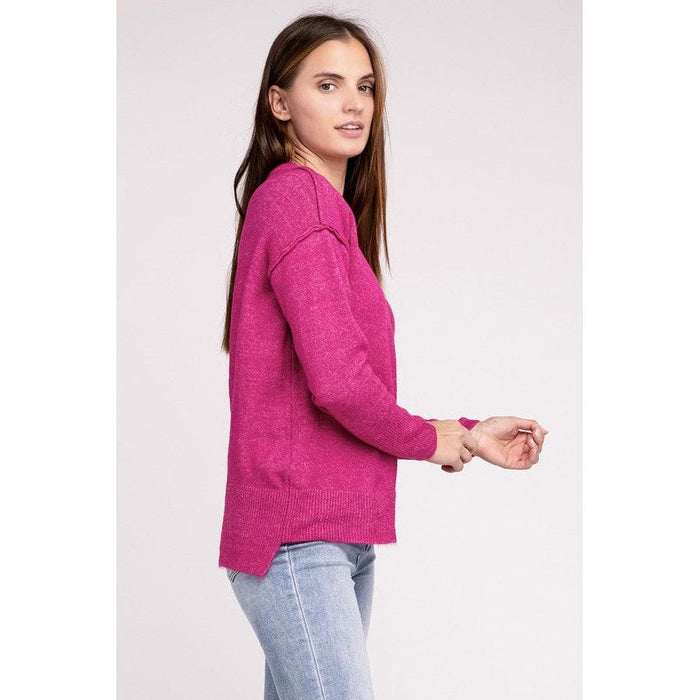 Melange Hi-Low Hem Round Neck Sweater