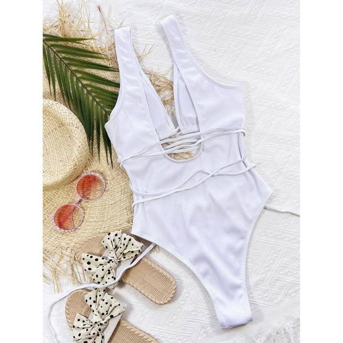 Ribbed Lace Up One-Piece Swimsuit