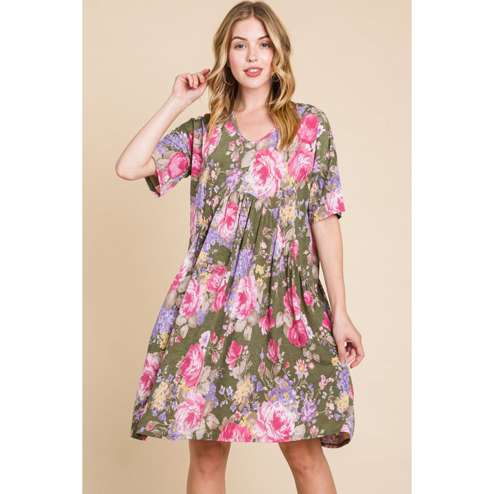 BOMBOM Flower Print V-Neck Ruched Dress