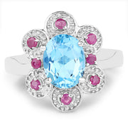 Bids.com 2.28 Carat Genuine Swiss Blue Topaz and Ruby .925 Sterling Silver Ring Rings