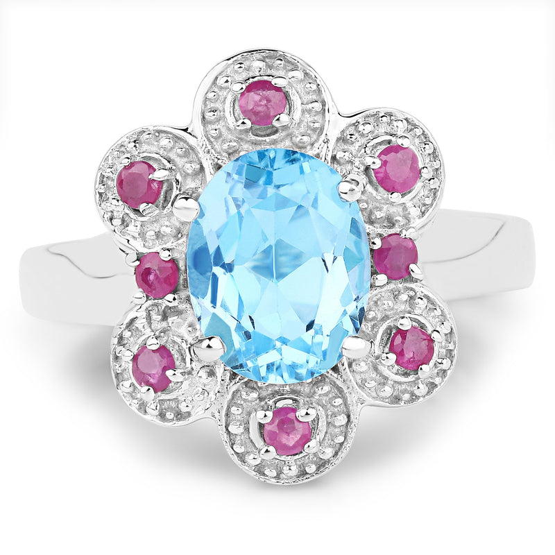 Bids.com 2.28 Carat Genuine Swiss Blue Topaz and Ruby .925 Sterling Silver Ring Rings