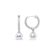 Bids.com 10K White Gold 6x6 MM Cultured Freshwater Pearl and Diamond Accent Drop Huggy Earring (H-I Color, I1-I2 Clarity) Earrings
