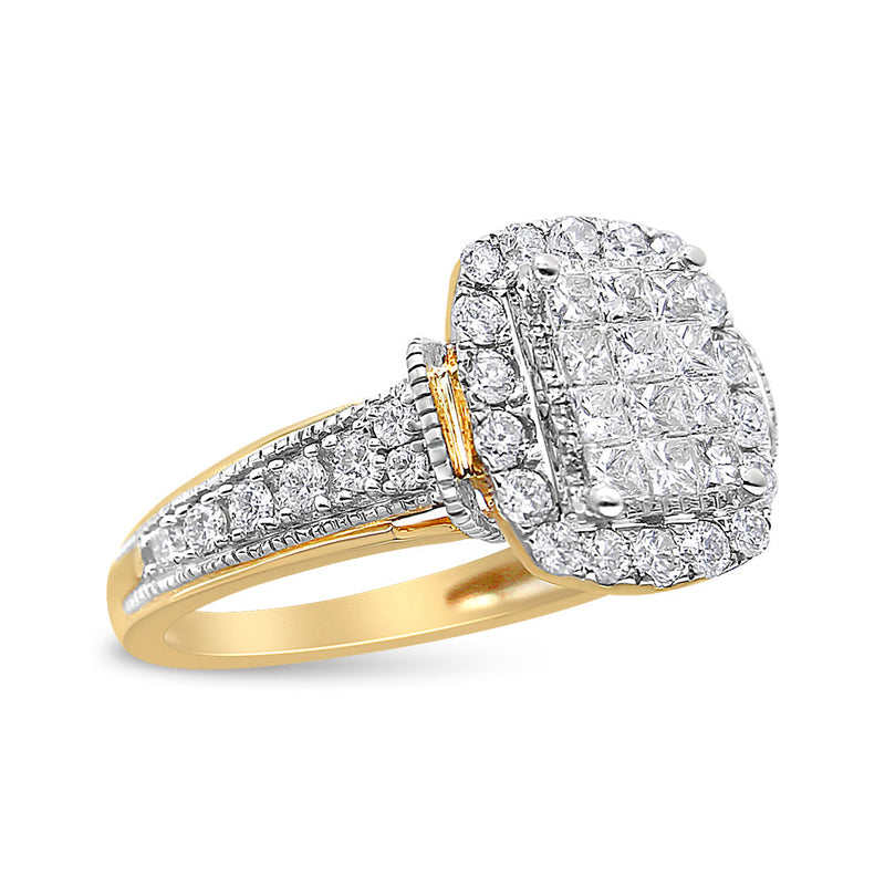 Bids.com 14K Yellow and White Gold 1.00 Cttw Princess and Round Cut Emerald Shaped Halo Diamond Cluster Ring (SI1-SI2 Clarity, H-I Color) - Size 7 Rings