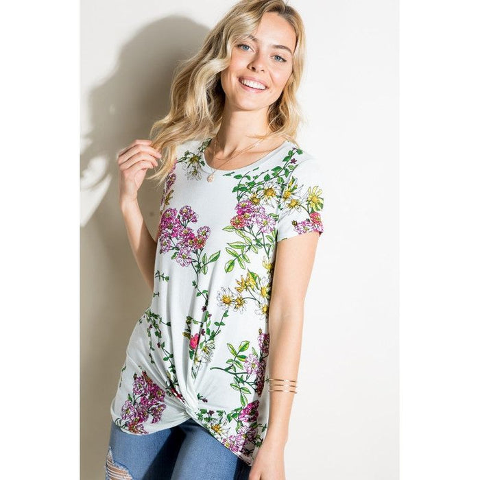 Floral Jersey Front Twist Tunic Top