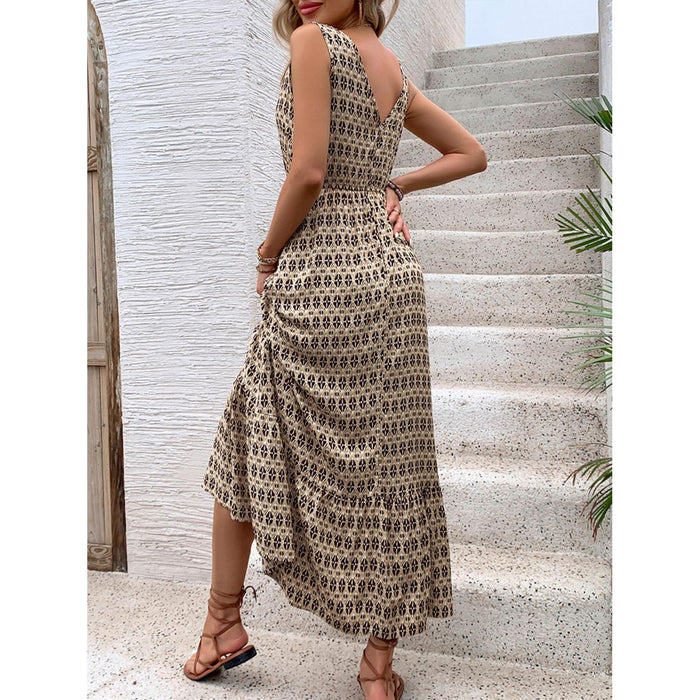 Printed V-Neck Tie Waist Midi Dress