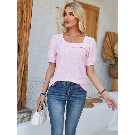 Eyelet Asymmetrical Neck Short Sleeve T-Shirt