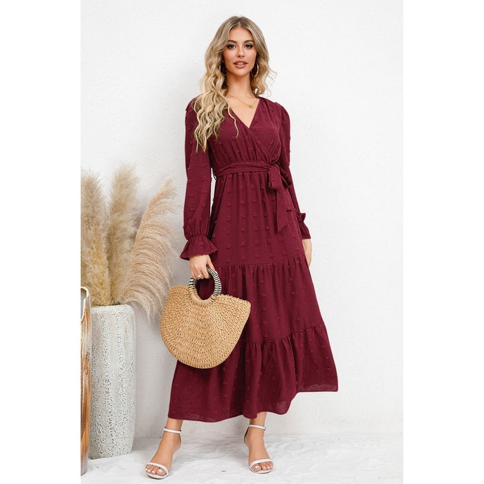 Swiss Dot Tied Surplice Flounce Sleeve Dress