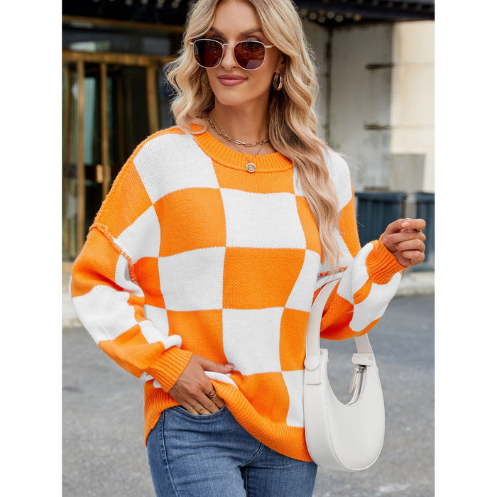 Checkered Round Neck Long Sleeve Sweater