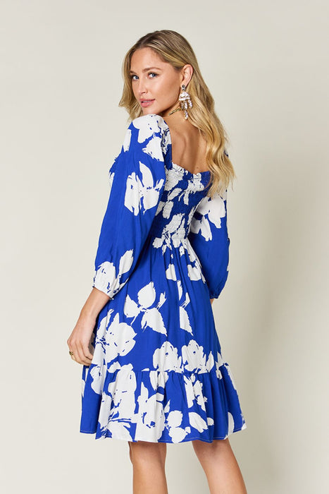 Floral Ruffle Hem Smocked Dress in Royal Blue