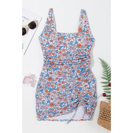 Drawstring Printed Wide Strap Swim Dress