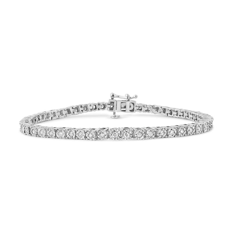 Bids.com .925 Sterling Silver 1.0 Cttw Miracle-Set Diamond Round Faceted Bezel Tennis Bracelet (I-J Color, I3 Clarity) - 7" Bracelets