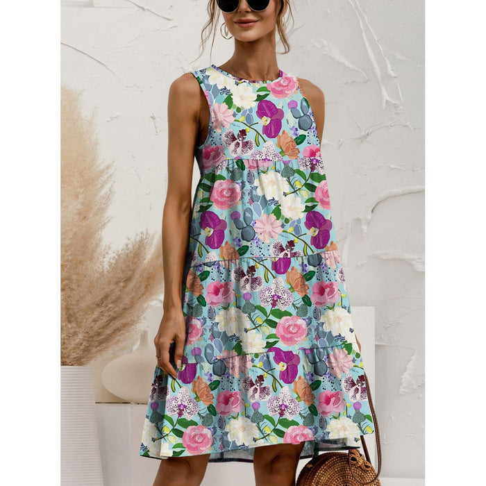 Printed Round Neck Sleeveless Tiered Dress