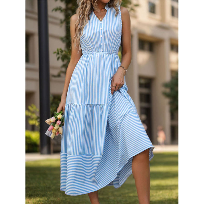 Striped Notched Sleeveless Midi Dress