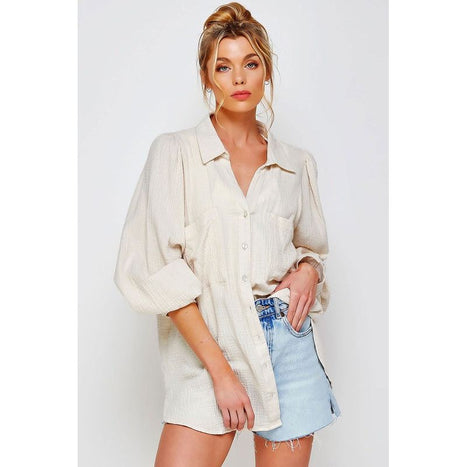 TEXTURED GAUZE BUTTON DOWN PUFF SLEEVES BLOUSE TOP