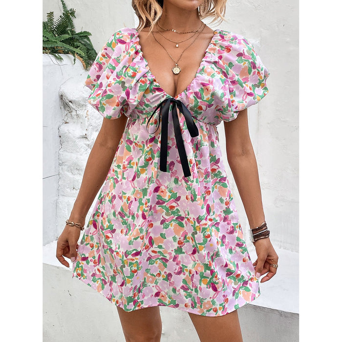 Printed V-Neck Puff Sleeve Mini Dress