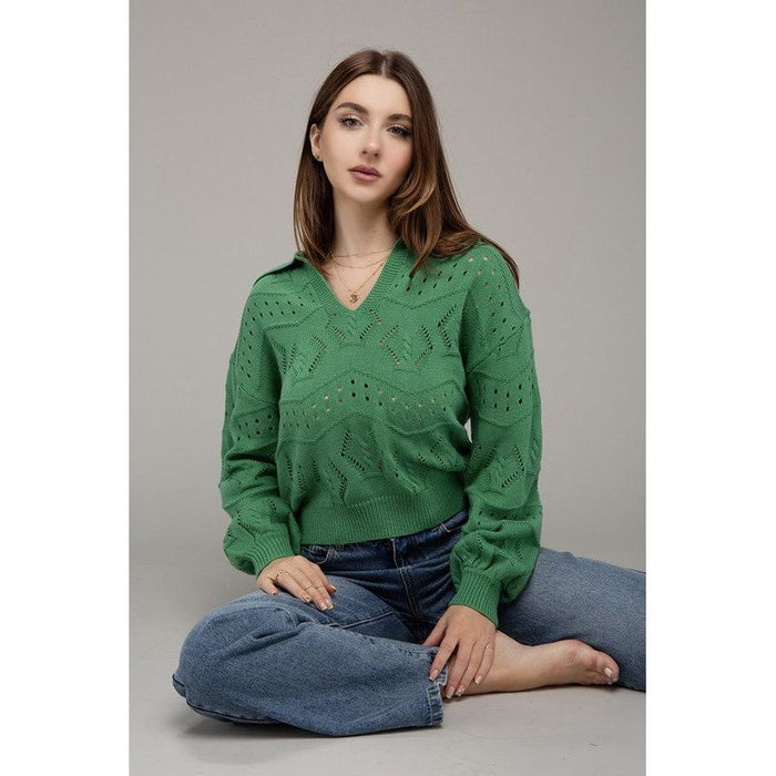 Hole-Knit Collared Sweater