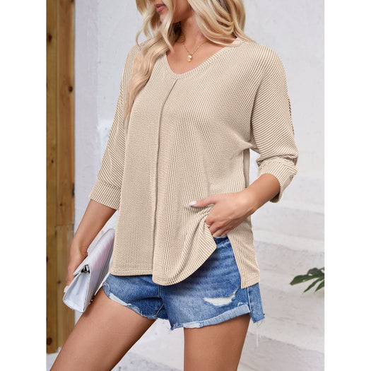 Textured Round Neck Three-Quarter Sleeve Blouse