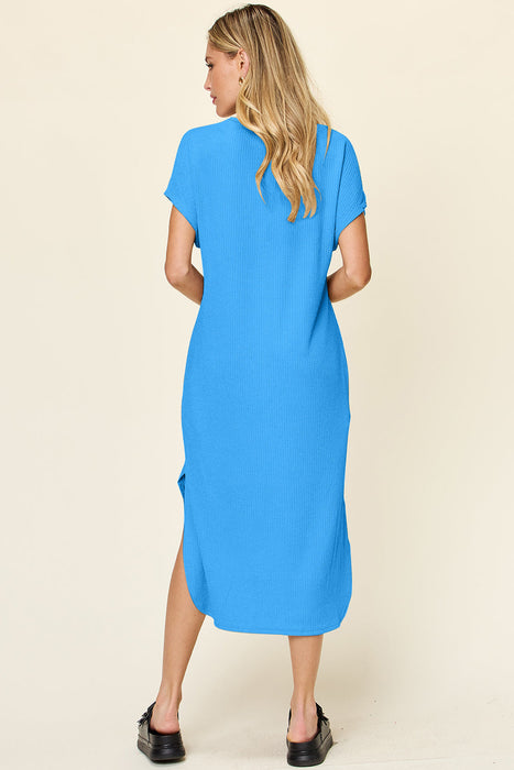 Double Take Round Neck Short Sleeve Slit Dress