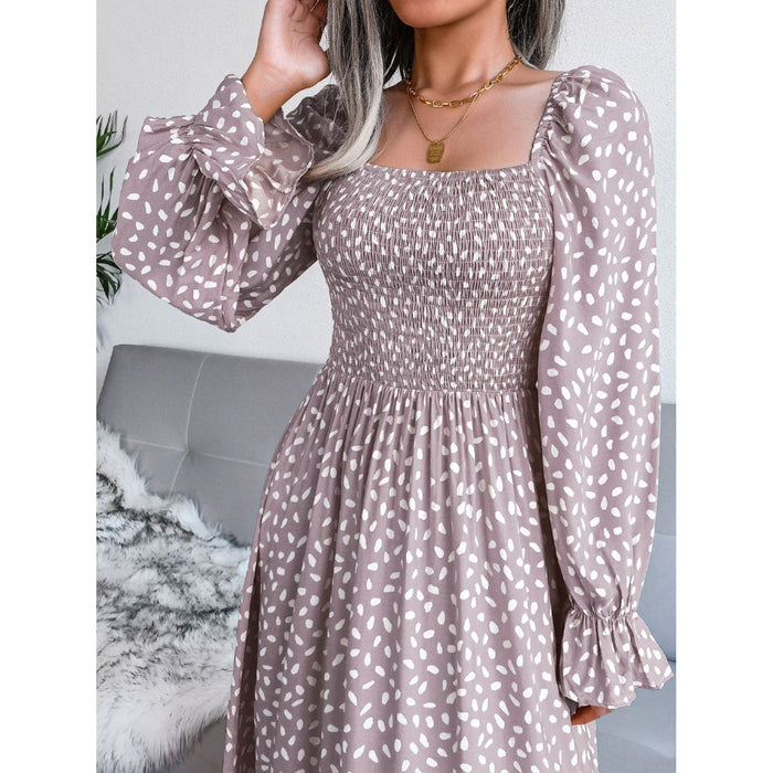 Smocked Square Neck Flounce Sleeve Dress