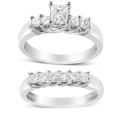 Bids.com 14K White Gold 1 1/2 Cttw 5 Stone Princess Diamond Engagement Wedding Ring Set (H-I Color, SI2-I1 Clarity) - Ring Size 7 Rings