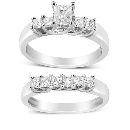 Bids.com 14K White Gold 1 1/2 Cttw 5 Stone Princess Diamond Engagement Wedding Ring Set (H-I Color, SI2-I1 Clarity) - Ring Size 7 Rings