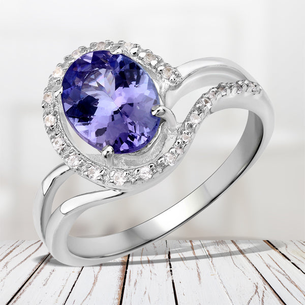 Bids.com 1.82 Carat Genuine Tanzanite and White Zircon .925 Sterling Silver Ring Rings