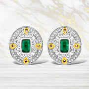 Bids.com 0.69 Carat Genuine Zambian Emerald and White Diamond .925 Sterling Silver Earrings Earrings