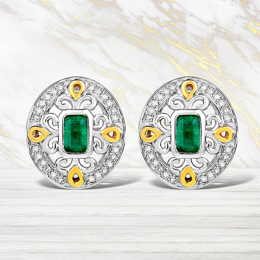 Bids.com 0.69 Carat Genuine Zambian Emerald and White Diamond .925 Sterling Silver Earrings Earrings