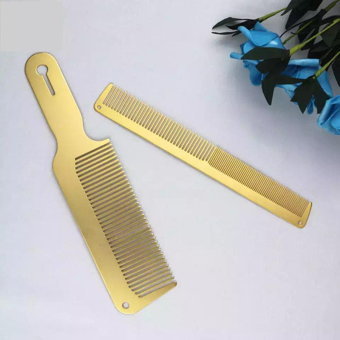 Professional Metal Styling Cutting Comb And Flat Top Clipper Comb Set Gold Color + Fade Brush