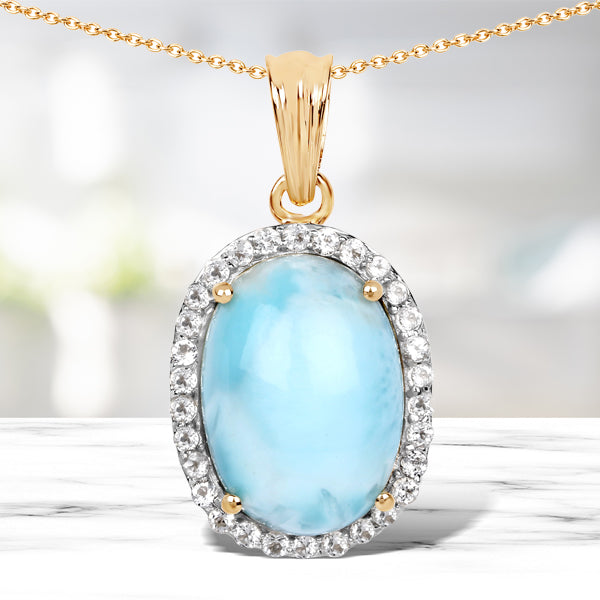 Bids.com 14K Yellow Gold Plated 13.55 Carat Genuine Larimar and White Topaz .925 Sterling Silver Pendant Pendants