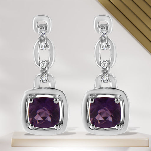 Bids.com .925 Sterling Silver 6x6MM Cushion Shaped Natural Purple Amethyst and Diamond Accent Drop and Dangle Earrings (I-J Color, I1-I2 Clarity) Earrings