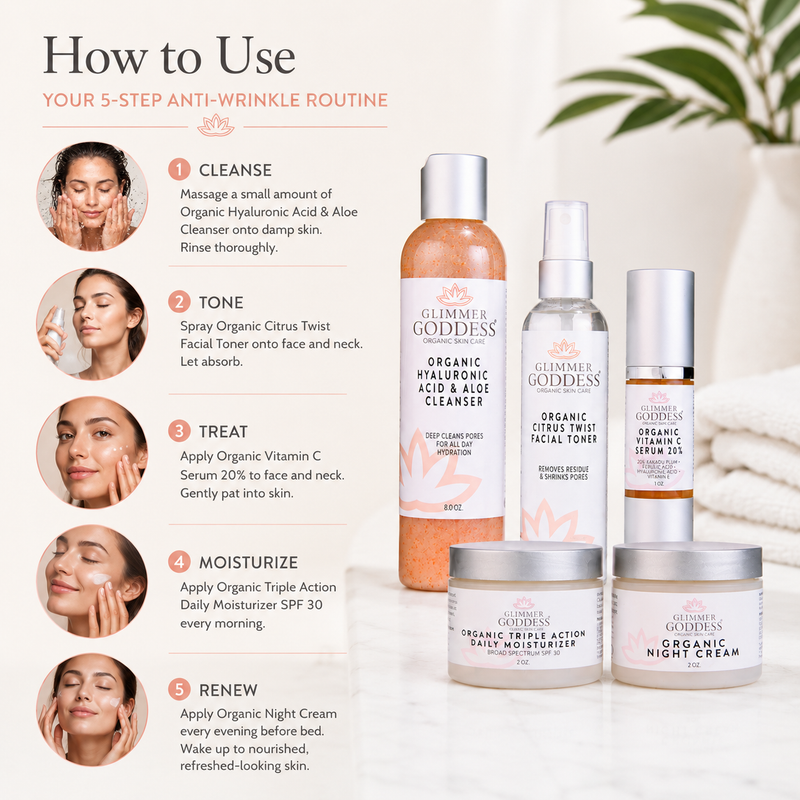 Glimmer Goddess® Organic Skin Care Complete Organic Anti-Wrinkle 5-Step Kit with Vitamin C & SPF 30 Gift Packs & Value Sets Misty Rose