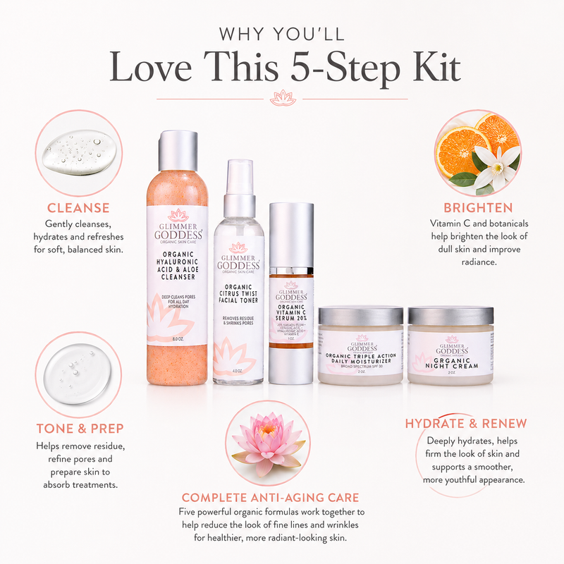 Glimmer Goddess® Organic Skin Care Complete Organic Anti-Wrinkle 5-Step Kit with Vitamin C & SPF 30 Gift Packs & Value Sets White Smoke