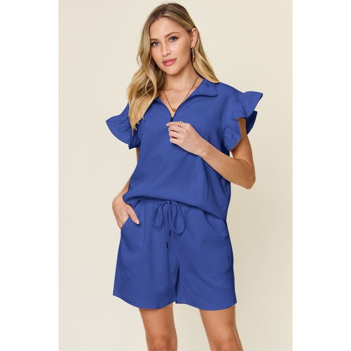 Texture Flounce Sleeve Top and Drawstring Shorts Set