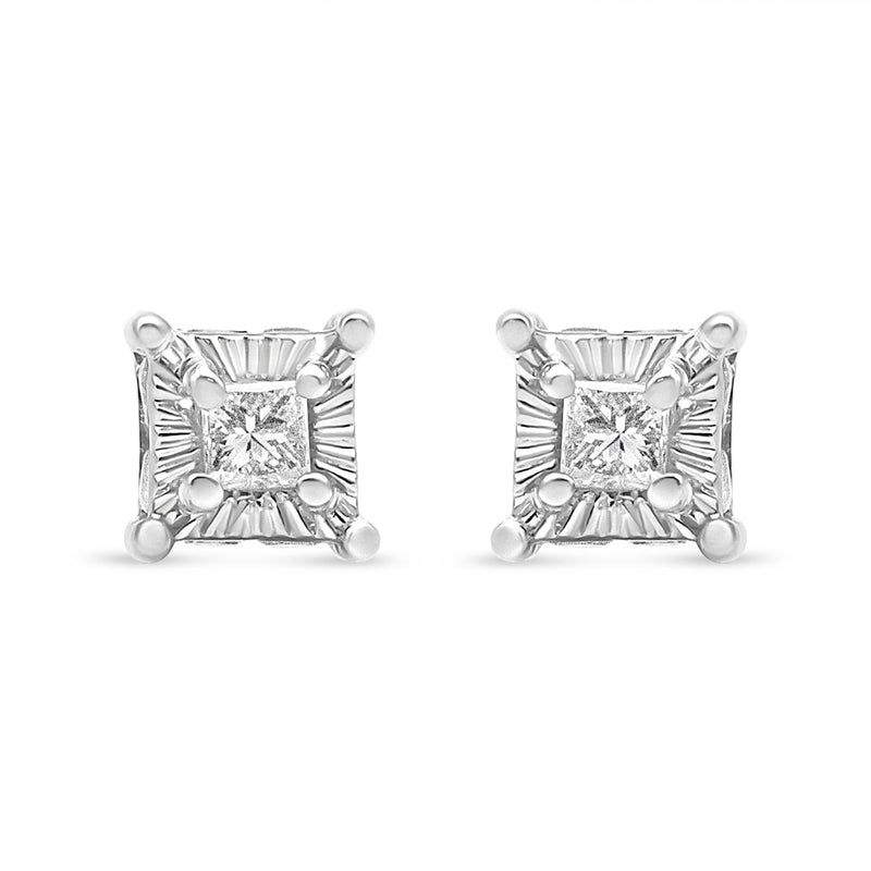 Bids.com .925 Sterling Silver 1/4 Cttw Miracle Set Princess-Cut Diamond Solitaire Stud Earrings with Hidden Halo (I-J Color, SI2-I1 Clarity) Earrings
