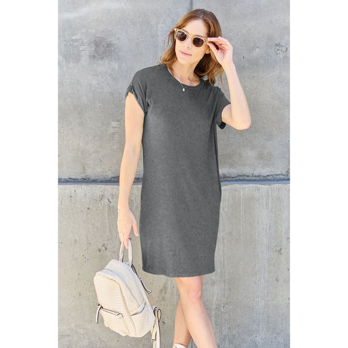 Round Neck Short Sleeve Dress with Pockets