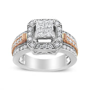 Bids.com 14K White and Rose Gold 1 1/8 Cttw Princess and Round-Cut Diamond Art Deco Style Triple Shank Halo Cocktail Ring (I-J Color, SI2-I1 Clarity) - Size 7 Rings